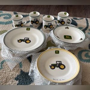 John Deere White Mugs & Plates with Green and Yellow Tractor Accents